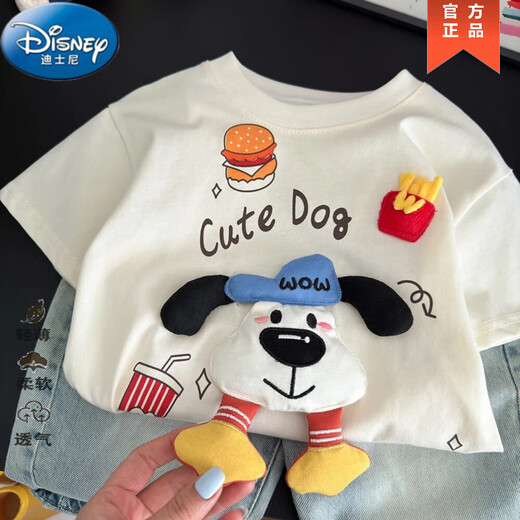 Disney Summer Cartoon Court-manche à manches à manches courtes mignonnes mignonnes poupées chiot tridimensionnelles poupées polyvalentes Baby Baby Round Necy Pullover
