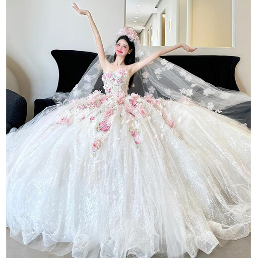 Tubeless main wedding dress bride 2025 new style petite fugitive princess wedding veil light pink flower dress three-dimensional flower floor-length style (comes with veil skirt support S