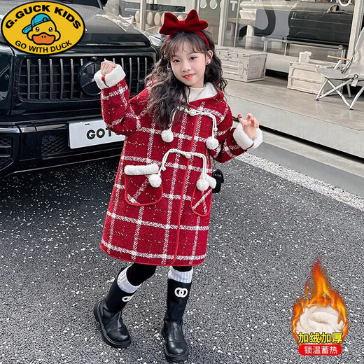 G.DUCKKIDS Koreanische Version 2025 neue Mädchen Winterkleidung verdickter Samt Wollsamtmantel mittellanger karierter Mantel im koreanischen Stil schwarz 170 cm