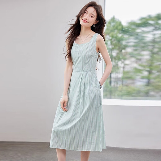 QCKZ条纹吊带连衣裙女2025夏季新款气质收腰显瘦法式高级感方领长裙子 Q9933白色衬衫+Q9922绿色连衣裙 S