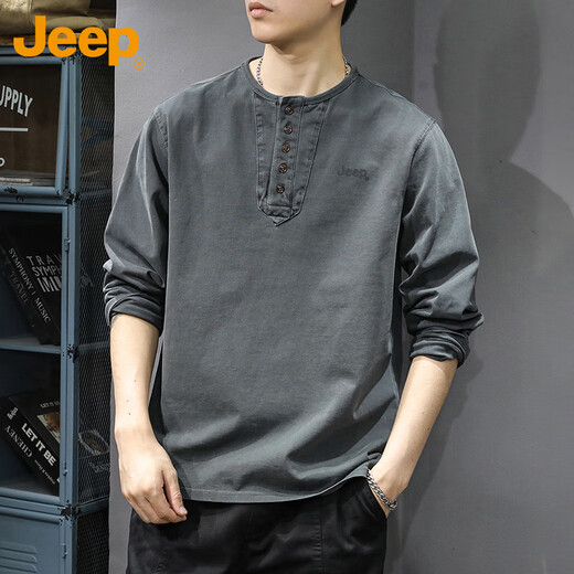 Jeep (JEEP) long-sleeved T-shirt men's spring and autumn trendy brand retro Henry collar cotton bottoming shirt top men's brown 2XL