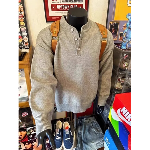 An Chuxia Gray American Henley Collar Knitted Sweater Men's Long Sleeve Lazy Style Cleanfit Bottoming Sweater Jacket Light Gray XL