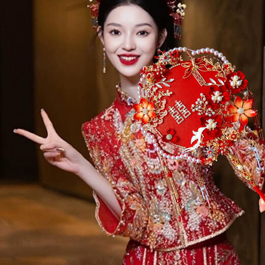 呦依中式双面双圈团扇diy材料包新娘结婚龙凤秀禾服手捧花束 红妆/花材料包+礼盒
