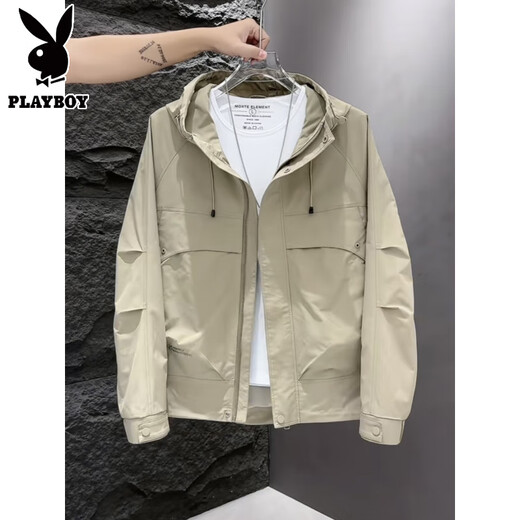 Playboy Spring and Autumn 2025 New Men's Jacket Workwear Hooded Loose Autumn and Winter Velvet Jacket Casual Top Black L Recommended weight 120-135 Jin Jin equals 0.5 kg