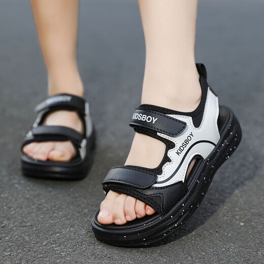 Boys' Sandals 2025 Summer New Hollow Children's Beach Shoes Soft Sole Non-Slip Handsome Middle and Large Children's Open-Toe Sandals HBL2505/Black and White Upgraded Model 31 Size Standard Size