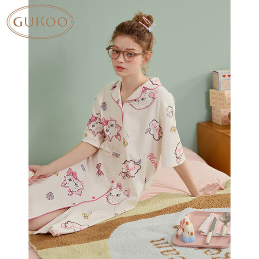 果壳（Gukoo）睡衣女夏季迪士尼玛丽猫可爱满印短袖女士家居服睡裙 香草粉  M 