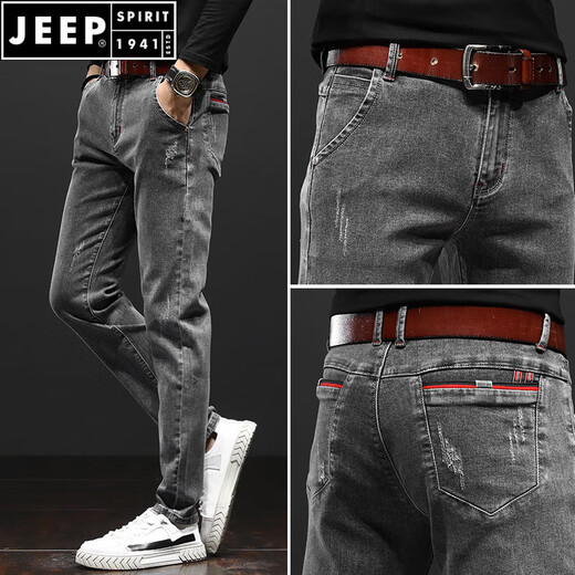Jeep Spirit2025 Neue Jeans Männer schlanke kleine Füße sommerliche Herrenhosen Sommer dünne Hose mit geraden Beinen Herrenhosen SSNZ-6636 Grau [Frühlings- und Herbststil ohne Samt] 32