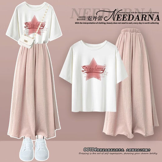 Dunran 140jin [Jin ist gleich 0,5 kg] Leicht fettes Frauenfleischabdeckung koreanischer High-End-großer Sommer-Dopamin-Rosa-Outfit lose T-Shirt Kurzärärmig A693T Hemd + rosa Hosen und Röcke Set S Vorschlag: 80-95jin [Jin gleich 0,5 kg]