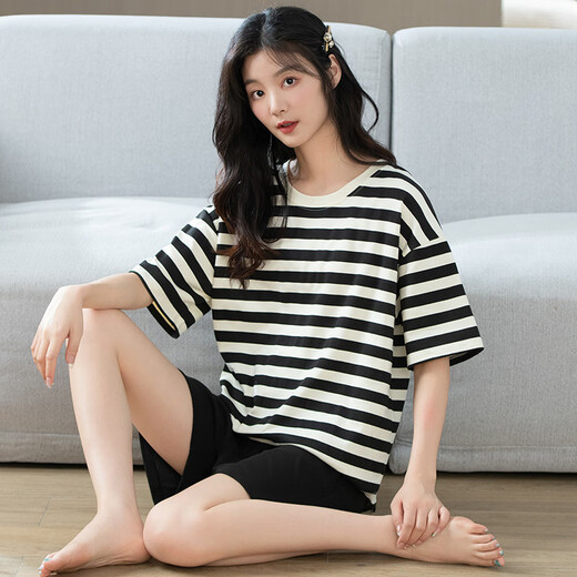 雅鹿睡衣女夏季小清新纯棉柔软韩版休闲短袖短裤甜美可外穿家居服套装 E-W6172 M