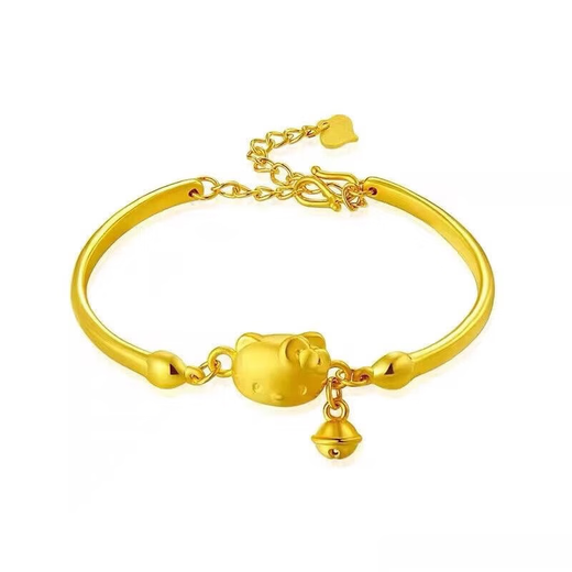 Yage Gold Hello Kitty Bracelet 999 Gold KT Cat Bell Bracelet Adjustable Half Bracelet for Girlfriend KT Cat 5.16g