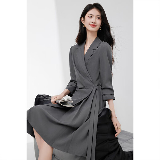 Shangdubilas Temperament flacher Kragen langärmeliges Kleid für Frauen im Herbst Unregelmäßige Saumanzug Rock Taille-Hug-Hugging Midi Rock