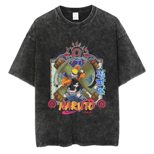 
Jiuvia Harajuku Street Washing Old Retro Japanese Naruto Naruto Anime Cotton T-shirt Men's Summer Short Sleeve B1365 Washing Black S