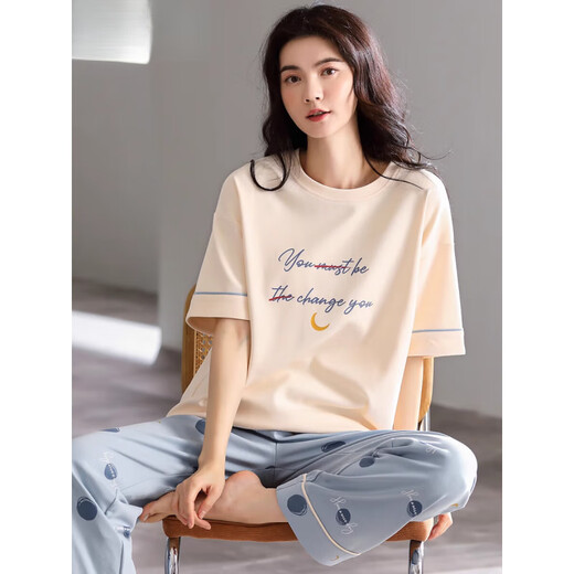 浪莎（langsha）睡衣女款夏季2025新款纯棉薄款宽松家居服短袖长裤休闲可外穿套装 7374 M [建议80-105斤]
