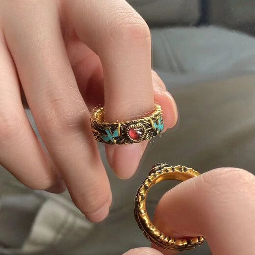 复古款做旧重工古金色锆石戒指女开口可调节小众高级个性百搭新品 J4839 开口可调节