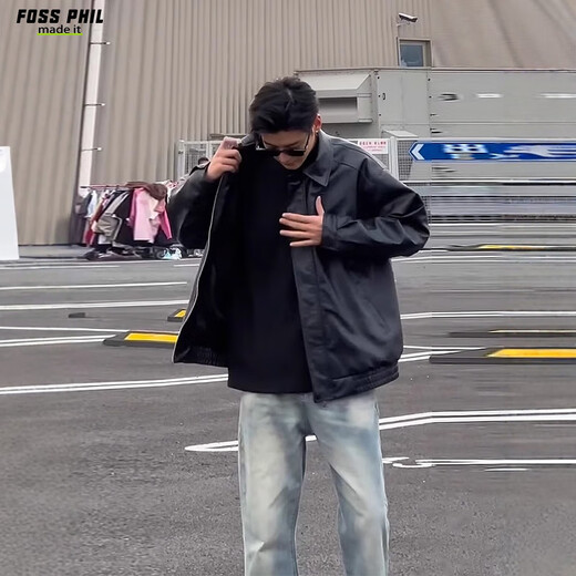 Foss Phil leather jacket men's autumn and winter retro pu leather jacket casual lapel solid color top Q2499 black L