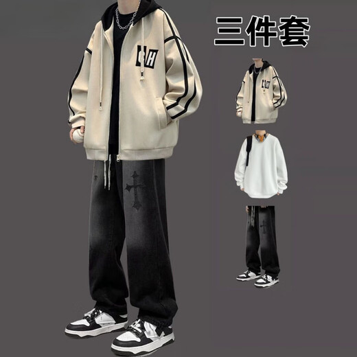 An Chuxia hooded baseball uniform jacket suit men's spring and autumn complete set with jeans men's student three-piece trendy three-piece hooded baseball uniform khaki + black T + denim XL number recommended 125-140Jin Jin equals 0.5 kg