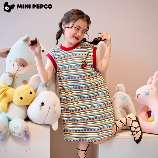 Little Pig Banner Girls Girls Summer Streifen Retro Weste Rock Neues Baby Kinder All-Match T-Shirt Kleid LOSSER BLOEL STRIP ROCK 160 Empfohlene Höhe 150-160 cm