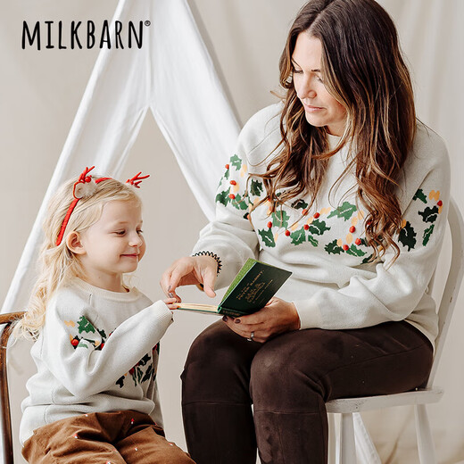 Milkbarn儿童毛衣男女童套头衫宝宝秋冬纯棉保暖针织衫亲子圣诞装 奶酪白 73 cm