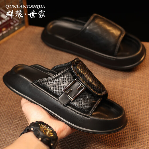 
Couple Wolf Family QUNLANGSHIJIA Slippers Men's Summer 2025 New Fashion Brand Outdoor Anti-Slip Anti-odor Thick Sole Wear-resistant Sandals High-end Beach Sandals Black [This model is leather shoe size] 41