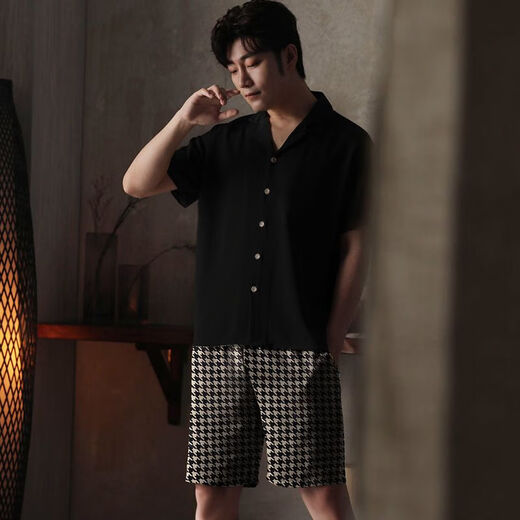 
Langsha pajamas men's ice silk short-sleeved summer thin large-size home clothes can be worn outside in summer cool plaid 2025 new style WR13077 men's L