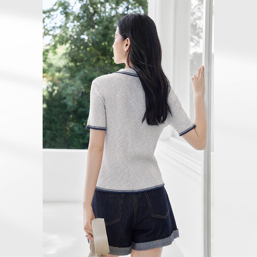 
Dialogue art paintings co-branded Polo neck contrast embroidered sweater for women 2025 summer new fashionable commuter top smoke gray M