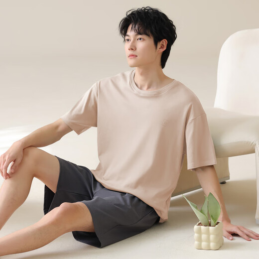 猫人睡衣男士100%纯棉短袖短睡裤夏季薄款男生全棉透气大码家居服套装 【落肩袖】奶咖02J13603 XL 【建议120-140斤】