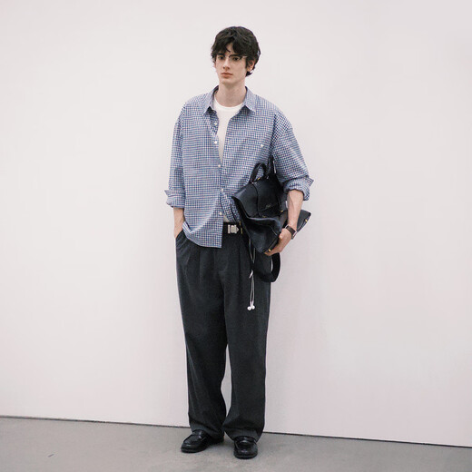 714street宽松纯棉情侣长袖蓝色格子衬衫男女2025秋miu系衬衣【尺码偏大】 蓝白格纹 L