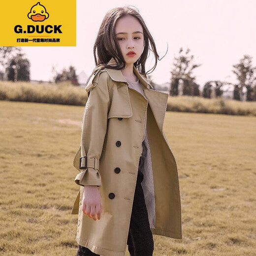 G.Duckkids Girls 'Wursbreaker Long 2024 Новая детская куртка Spring Wear Средний детский стиль среднего размера в британском стиле весна и осенняя детская детская одежда Хаки осень и зимний стиль, а также хлопок, утолщен 160 см.
