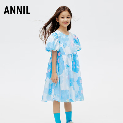 Annai children's clothing girls short-sleeved dress 2024 summer new style blue flower 150