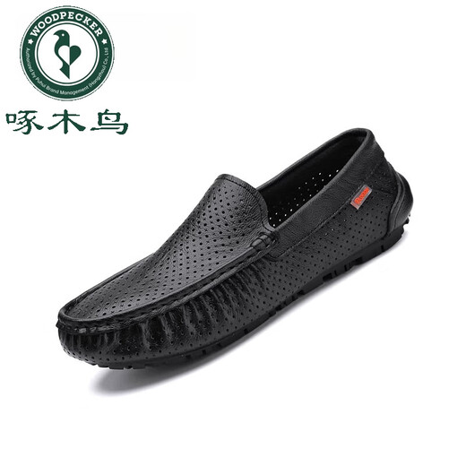 Woodpecker 2025 Automne Nouveaux chaussures de haricots noirs pour hommes Véritable cuir britannique Cuir Cuir Chaussures creux de chaussures paresseuses respirantes 9901 Black [Hollow] 38