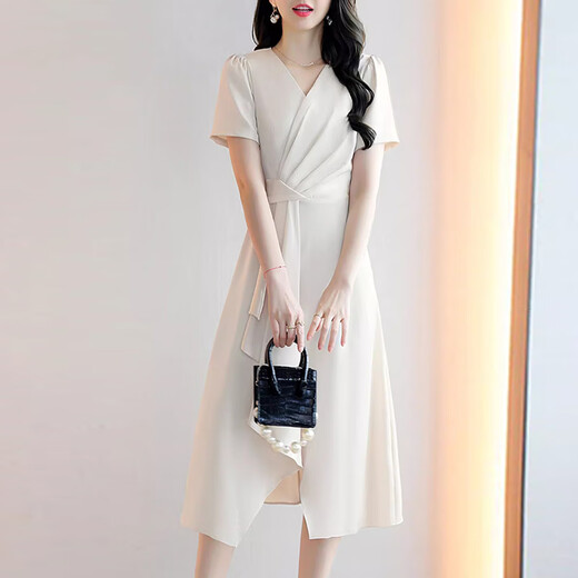 
XAE luxury high-end brand short-sleeved dress for women 2025 summer new V-neck temperament solid color versatile slim skirt beige L [Suggested 105-115Jin [Jin equals 0.5 kg]]