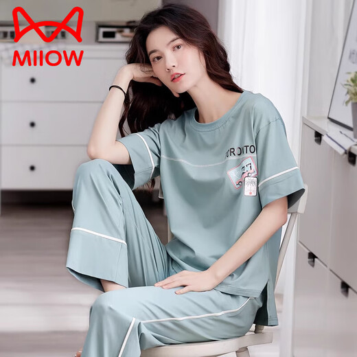 猫人（MiiOW）睡衣女款夏季2025新款纯棉薄款宽松家居服短袖长裤休闲可外穿套装 7374 M 【建议80-105斤】