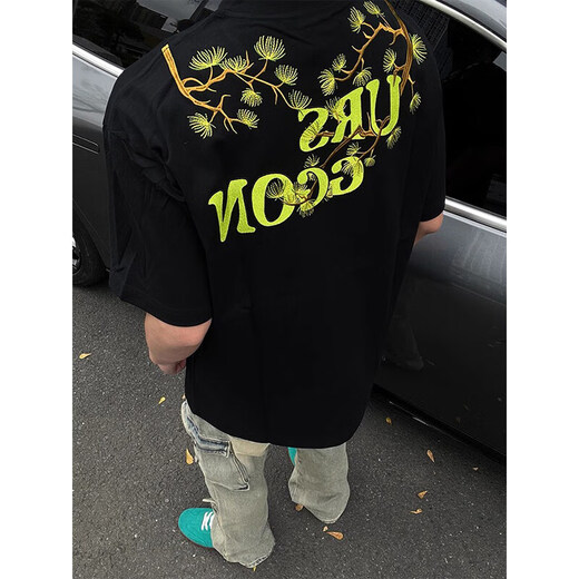 Camiseta estadounidense de manga corta bordada de peso pesado de Du Xiaoxian para niños en verano y guapo Cityboy Pareja de camiseta de media manga DSA486-CXT2691 Negro [alta calidad] XL [recomendado 120-140Jin [Jin equivale a 0.5 kg]]]