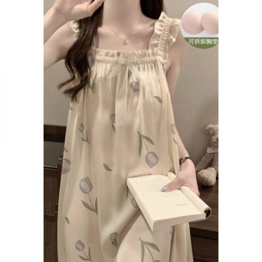 樵廿吊带睡裙女士甜美可爱夏季薄款冰丝凉感少女带胸垫睡衣公主家居服 1355吊带裙 草莓小花 (带胸垫) M 160