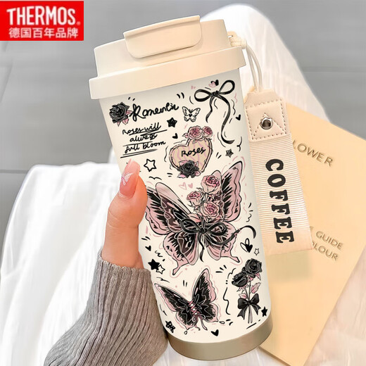 THERMOS Simple Butterfly Thermos (THERMOS) Stainless Steel Portable Double Drinking Coffee Cup 2025 New Women's Straw Water Cup High-Precision BW1047 Silver Butterfly + Hanging Rope