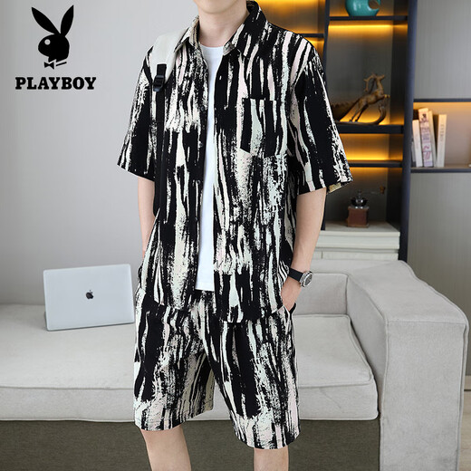 
Playboy (PLAYBOY) handsome shirt for men's summer ice silk suit design sense floral shirt short sleeve shorts beach two-piece set matching 679 white suit M 110Jin [Jin equals 0.5 kg]