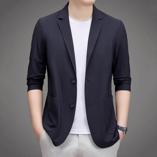 EQJ高档品牌冰丝高弹男士外套夏季新款纯色休闲轻薄款防晒西服 藏青 XL 适合150-170斤