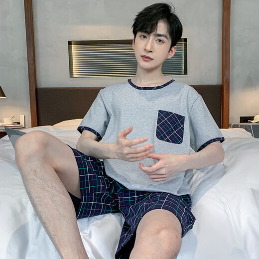 
SHUO GU JIN Summer Men's Short Sleeve Pajamas Thin Cotton Casual Plus Size Teen Home Clothing Men's Loose Suit Summer D9928 L Men