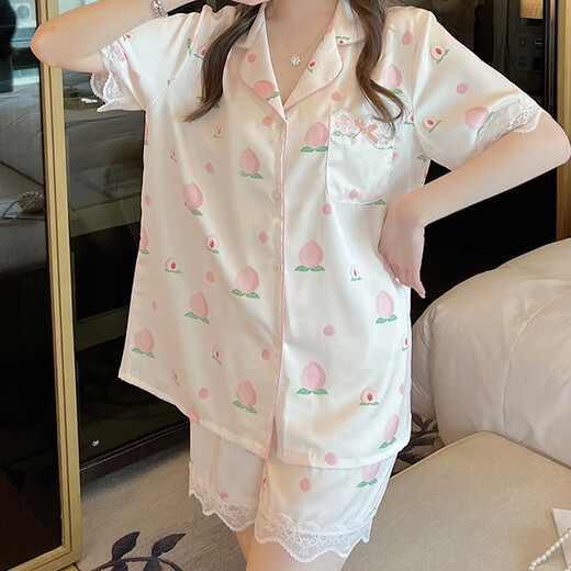 
Fox Fairy Summer Pajamas for Women Ice Silk Short Sleeve Trousers Sweet Peach Summer Thin Two-Piece Set FS_9905# Cardigan Short_Peach M