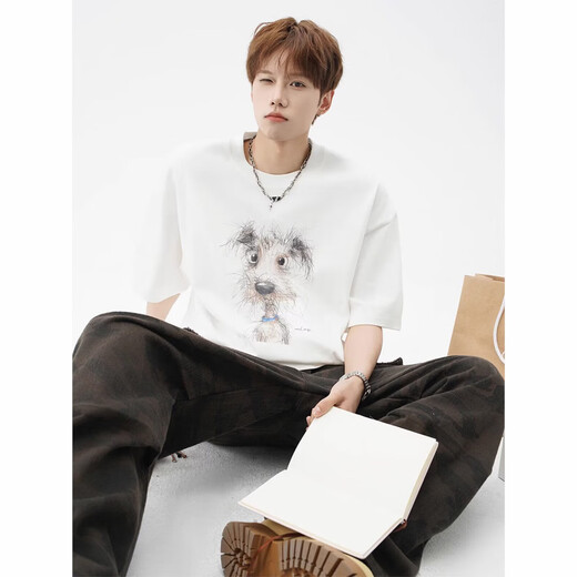 POUM men's summer personalized printed short-sleeved T-shirt trendy brand simple and versatile fashionable loose casual round neck top CQS-1480 black M