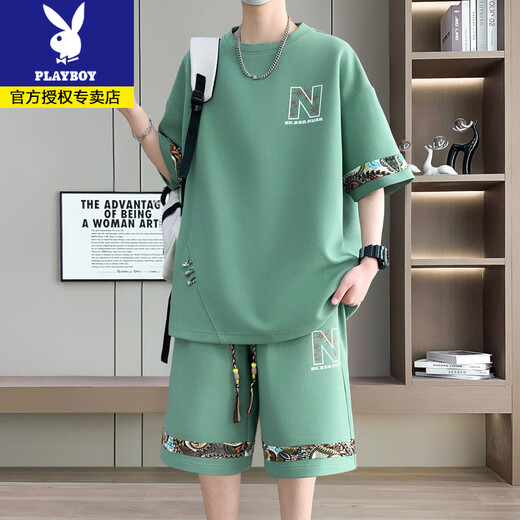 Playboy's new summer Chinese style fashion casual men's suit round neck short-sleeved T-shirt shorts two-piece set [short-sleeved suit] 6195 off-white XL (recommended 130-145Jin [Jin equals 0.5 kg])