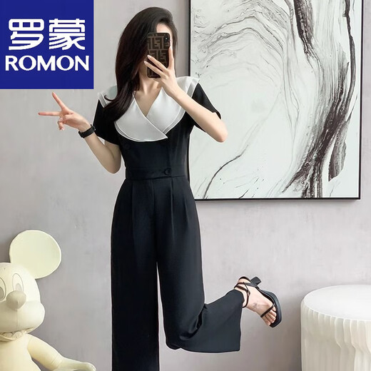 ROMON Summer New Draped Large Lapel Suit Jumpsuit Women's Summer Thin Chiffon Wide Leg Jumpsuit Set Black S