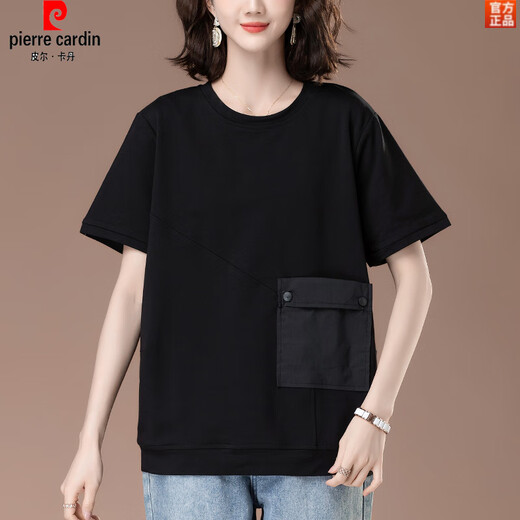 皮尔卡丹（pierre cardin）加肥加大码短袖t恤女士夏薄款棉宽松中年妈妈棉汗衫白色上衣 黑色KSP-9896款 L 适合100-120斤
