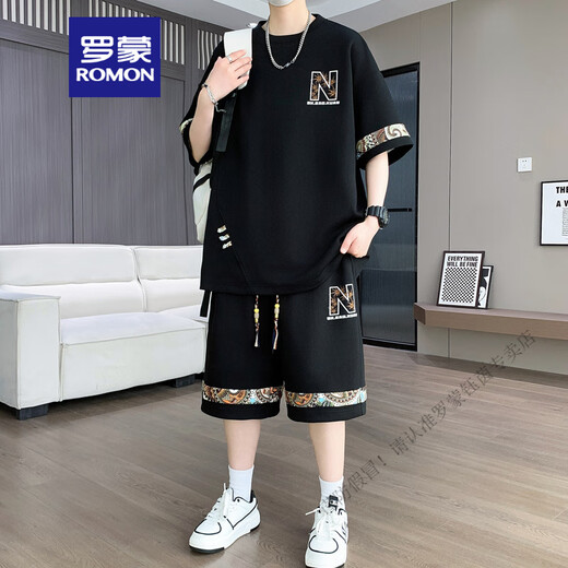 Suite pour hommes Romon 2025 Été Nouveau style t-shirt à manches courtes en vrac new Trend National Trend Clothing masculin rapide 6195 Green 2xl 150-170Jin [Jin est égal à 0,5 kg]