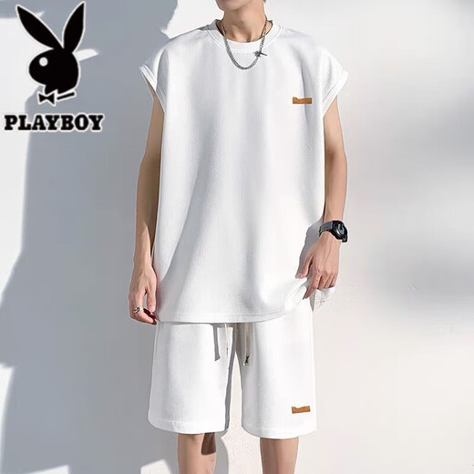 花花公子（PLAYBOY）无袖男士背心夏季冰丝凉感透气速干t恤健身跑步短裤短袖运动套装 白色套装【收藏加购优先发货】 XL 建议125-145斤