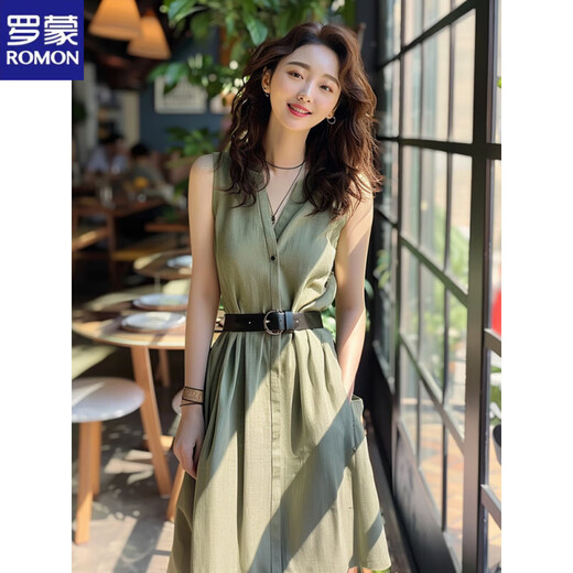 ROMON military green dress 2025 summer new light luxury high-end feeling to cover the flesh to make you look slimming this year's popular skirt for women Green belt L 115-130