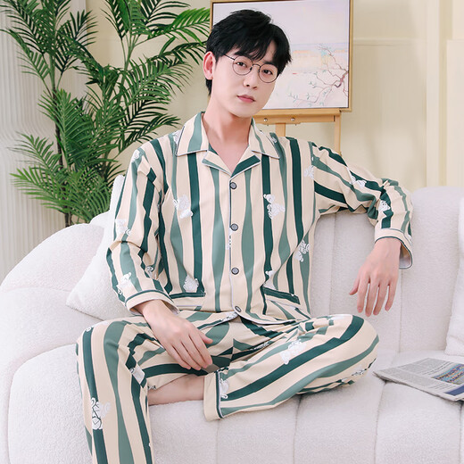 慕枫晴睡衣男春秋棉长袖宽松大码薄棉男士秋冬季夏天家居服套装 金色 5009 L 【 100-130斤】
