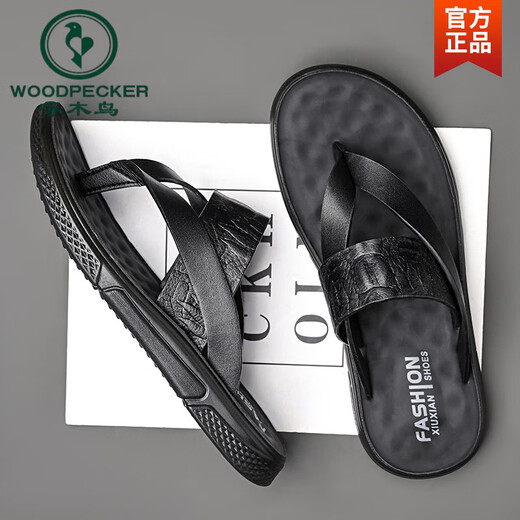 Woodpecker flip flops for men 2025 new trendy summer wear anti-slip anti-odor leather clip foot beach Vietnamese sandals men 683 black 42