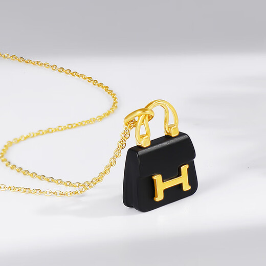 Mingzuan International 18K Gold Ink Jade Bag Pendant Women's au750 Fashion Niche Light Luxury Pendant Necklace Birthday Gift for Girlfriend