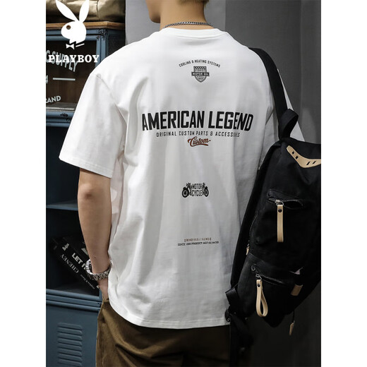 Playboy; PLAYBOY2025 white new short-sleeved T-shirt for men loose fashion brand summer pure cotton half-sleeved American ins heavy men's T-shirt HST1518 white 2XL weight 160-180Jin [Jin equals 0.5 kg]